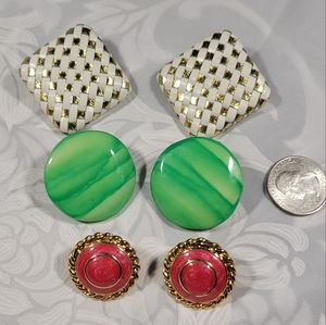 3 pair vintage stud earrings 1980s gold and cream leather, green swirl, goldtone